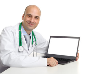 doctor and laptop computer with blank screen