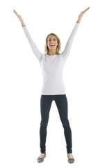 Cheerful Woman With Arms Raised Looking Away