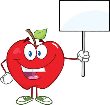 Happy Apple Cartoon Character Holding Up A Blank Sign