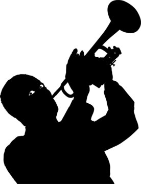 black silhouette trumpet player blowing horn clip art preview