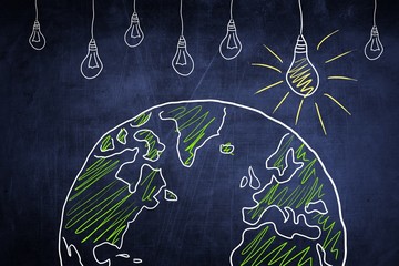 Concept world globe sketch with light bulb, ecology idea