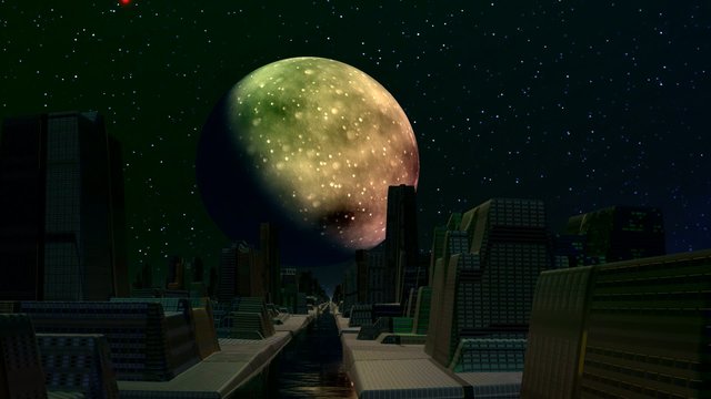The city of aliens, planet and flickering UFO