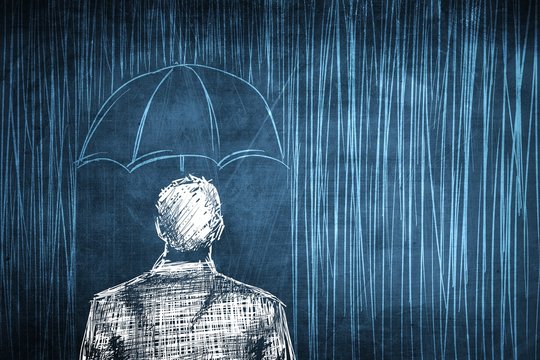 Sketch protected businessman concept, umbrella and rain