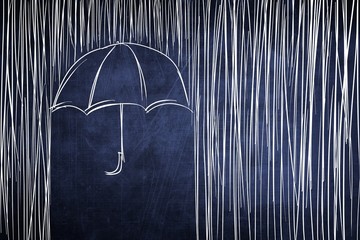 Umbrella and rain, conceptual sketch on chalkboard - obrazy, fototapety, plakaty