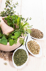 Fresh herbs in a small wooden bowl