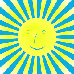 Lachende Sonne mit Strahlen und blauem Hintergrund
