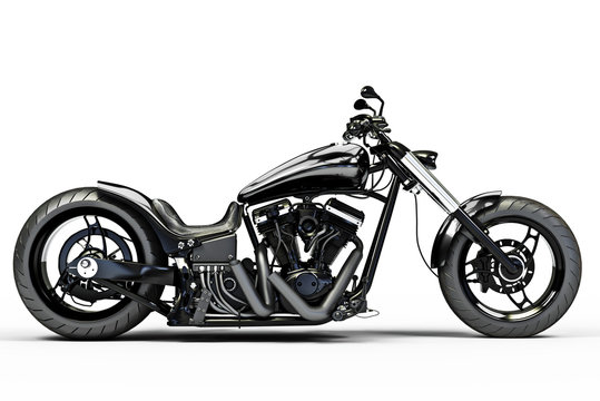 Custom black motorcycle side view on a white background