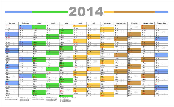 Jahresplaner 2014 incl Kalenderwochen in bunt