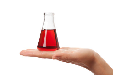 hand with chemical bottle isolated on white background