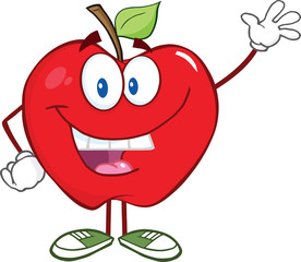 Smiling Apple Cartoon Mascot Character Waving For Greeting