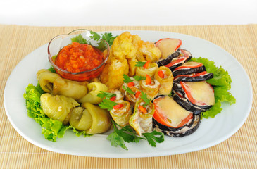 Assorted  appetizer  roasted vegetables on  platter.