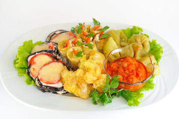 Assorted roasted vegetables on platter.