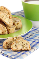 Aromatic cookies cantuccini and cup of coffee isolated on white