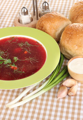Delicious borsch on table close-up