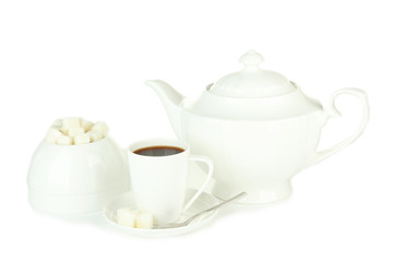 Cup of coffee,sugar-bowl and teapot isolated on white