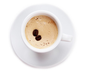 Cup of coffee with coffee beans, isolated on white