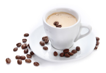 Cup of coffee with coffee beans, isolated on white