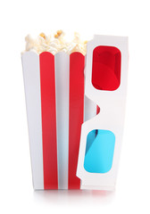 Popcorn and 3D glasses, isolated on white