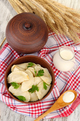 Tasty dumplings with fried onion
