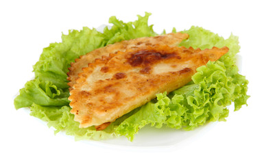 Tasty chebureks with fresh herbs on plate, close-up