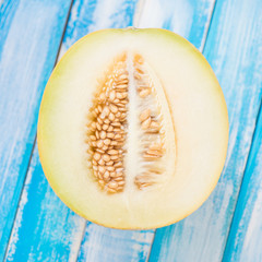 Half of a ripe Galia melon, view from above