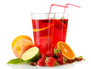 sangria in glasses with fruits, isolated on white