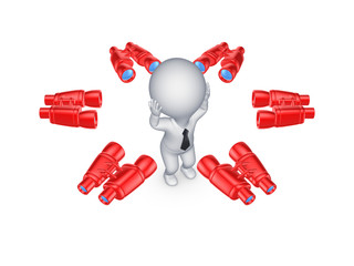 Binoculars around worried 3d small person.