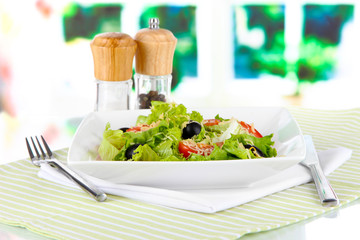 Light salad on plate on napkin on window background