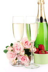 Romantic still life with champagne, strawberry and pink roses,