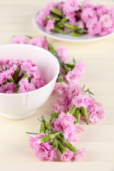Many small pink cloves in cup and on saucer on wooden