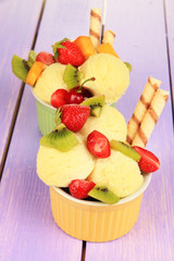 Delicious  ice cream with fruits and berries in bowl
