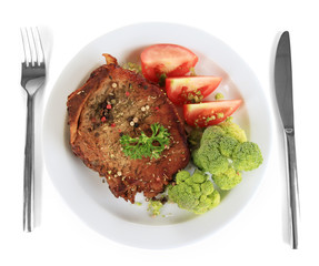 Piece of fried meat on plate isolated on white