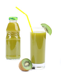 Natural kiwi juice in glass and bottle.