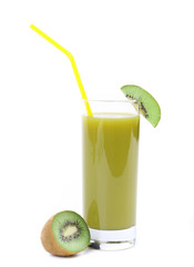 Natural kiwi juice in glass. A white background.