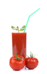 Tomatoes and juice on a white background
