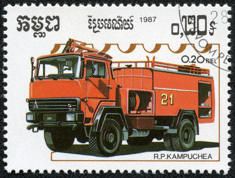 stamp printed in Kampuchea shows firetruck