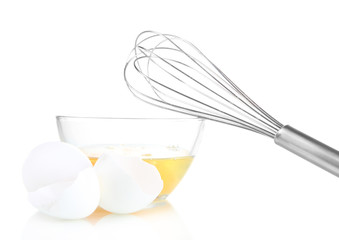 Corolla, flour and broken eggs isolated on white