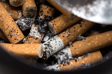 Closeup view of full ashtray