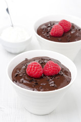 chocolate mousse with raspberries and whipped cream on white