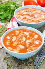 tomato soup with pasta, beans and rosemary