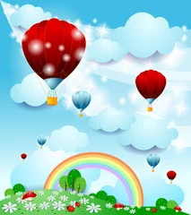 Küchenrückwand Plexiglas Marienkäfer Fantasielandschaft mit Heißluftballon