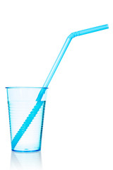 Glass of water with a blue straw