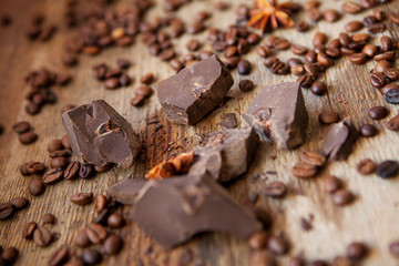 chocolate and coffee on a wooden background