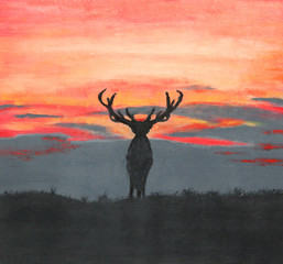 Painting of a silhouette of a large deer