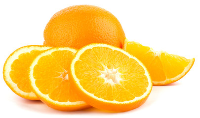 Cut orange fruit isolated on white background