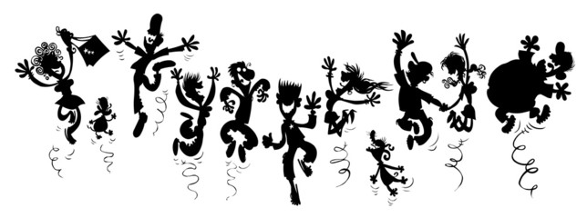 Happy party people. Silhouette cartoon.