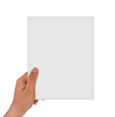 hand holding a blank white paper isolated over white background 
