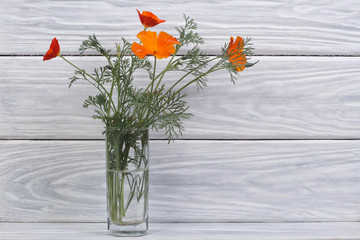 Naklejka premium beautiful bouquet of orange flowers eshsholtsiya in a glass vase