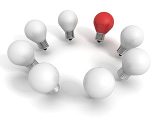 Red light bulb lamp leadership concept among white others lamps