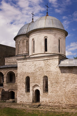 Fototapeta na wymiar View of two churches in Ivangorod medieval fortress